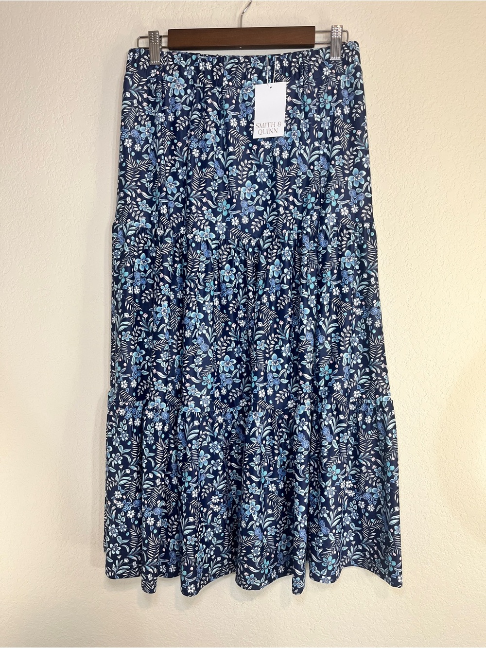 NWT Smith & Quinn Navy Blue Floral Tiered Maxi Skirt Boho Coastal SZ M